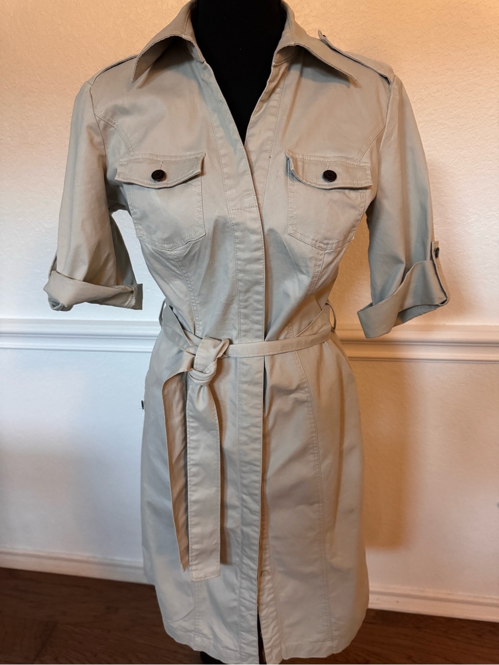 New York & Company Beige Tie-Waist Utility Trench Dress